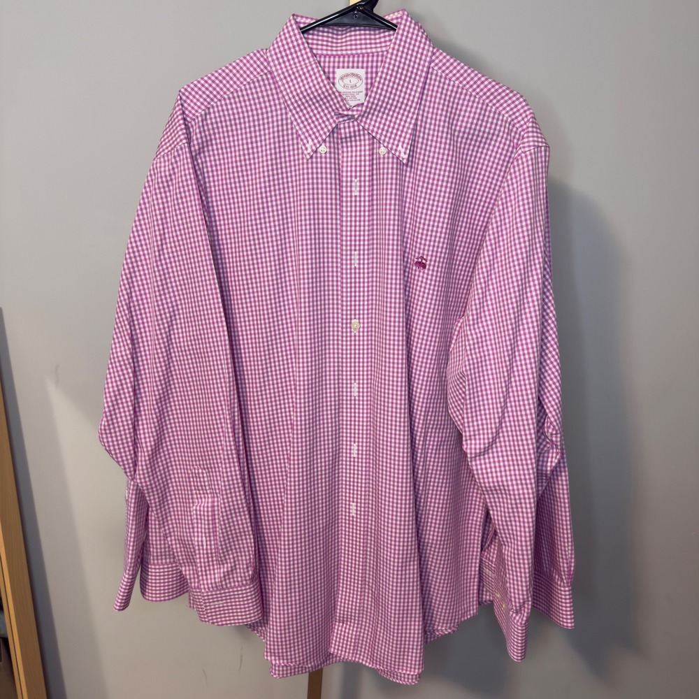 Brooks Brothers Non-Iron Gingham Shirt Mens L Fuchsia White Traditional Fit Polo